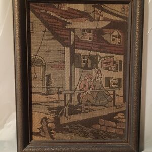 Vintage Framed Tapestry Art with Brown and Tan Hues